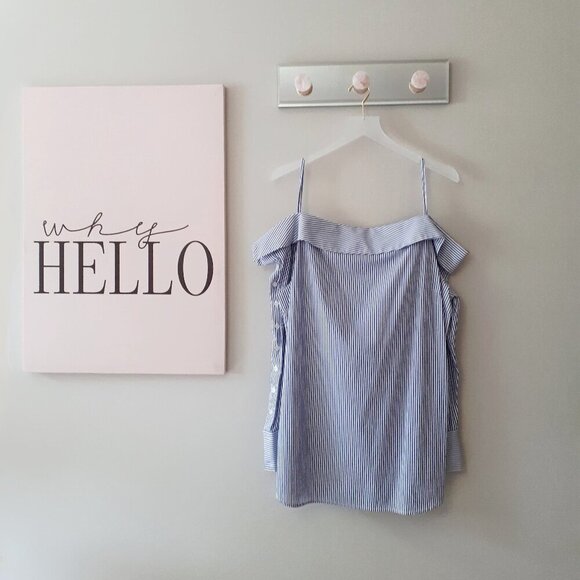 EUC Unknown brand white & blue stripe cotton blouse with statement neckline - Picture 5 of 8